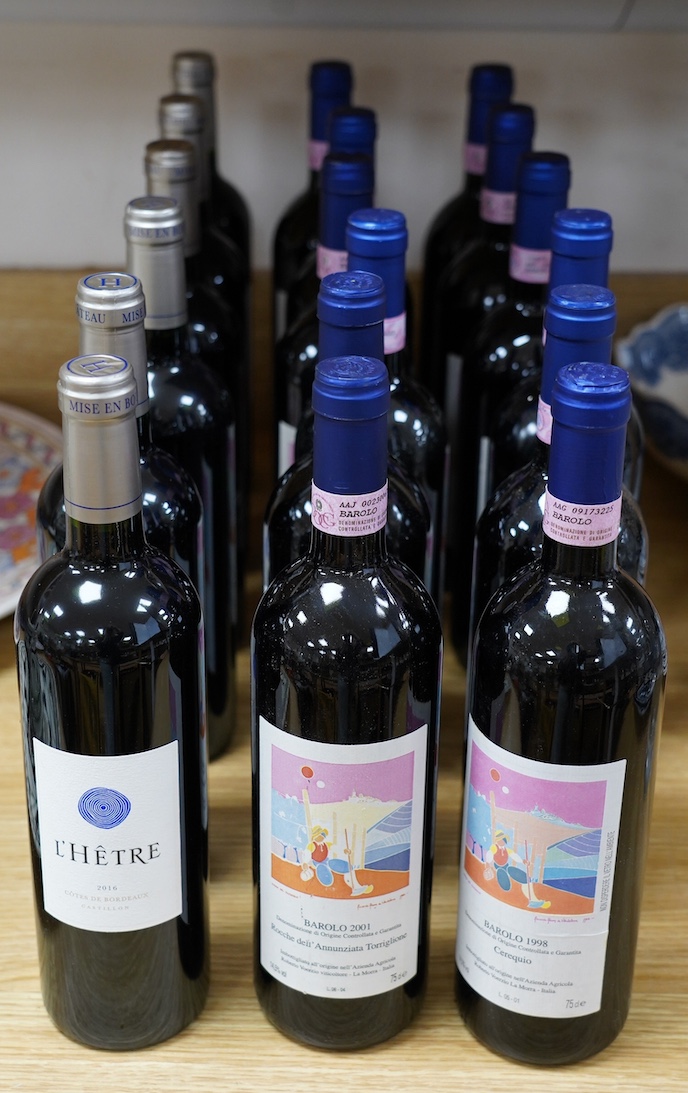 Eighteen bottles of wine including; twelve bottles of Barolo 1998, 2001 and 2005, and six bottles of L’Hetre 2016. Condition - externally good, storage unknown